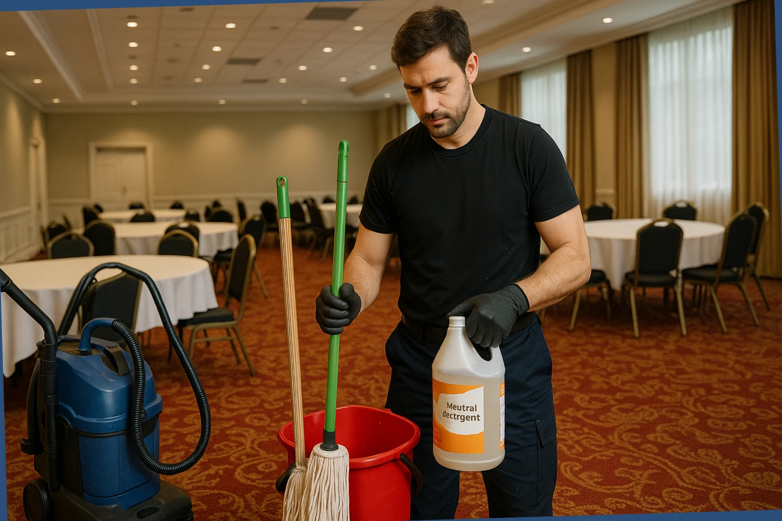 Team lead Luca prepping vac, mops and neutral detergent for a hall reset