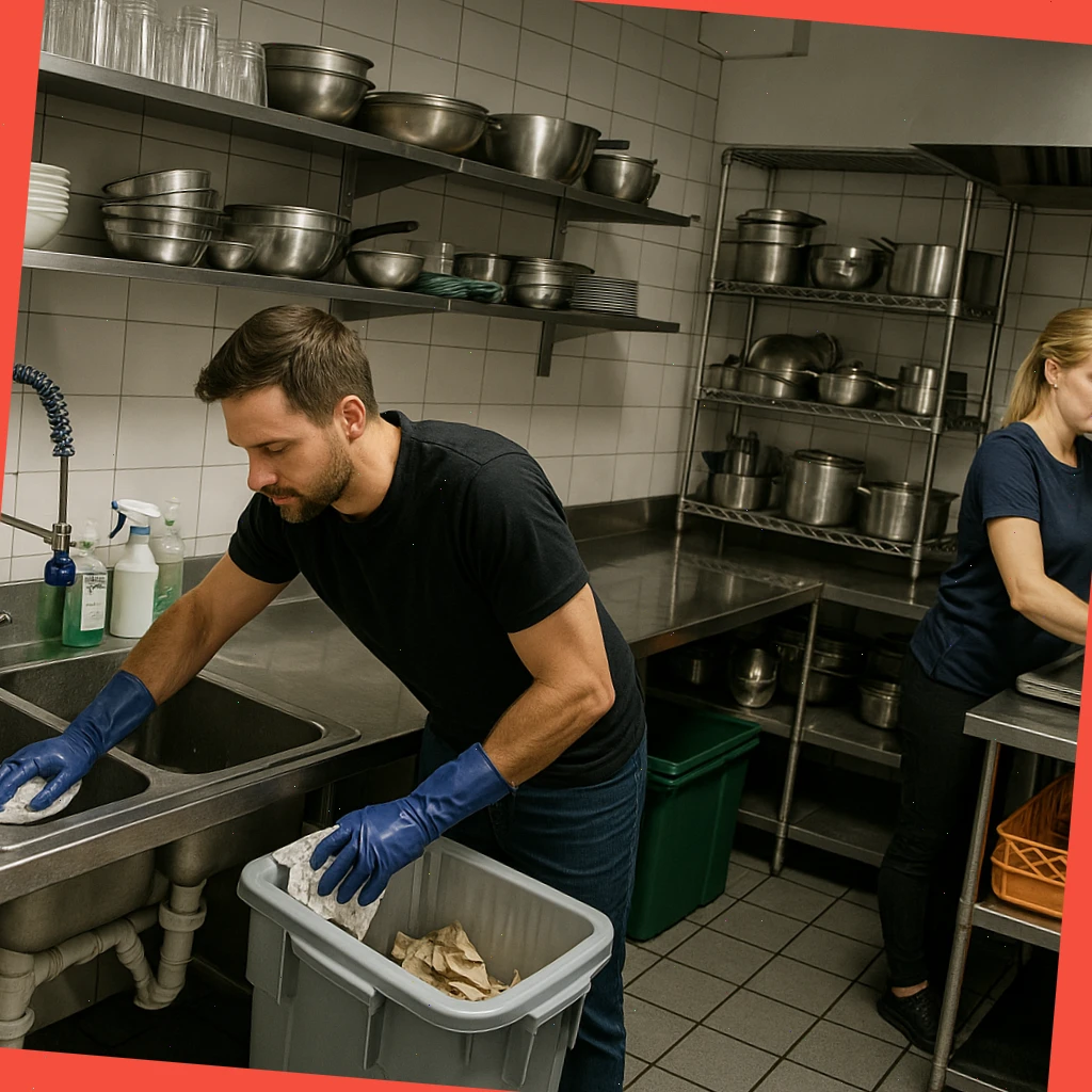 Back-of-house kitchen reset with surfaces, sinks and tidy waste area